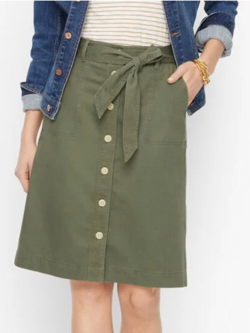 Talbots Plus Size 22W Olive Green Cotton A-Line Safari Belted Midi Skirt Pockets